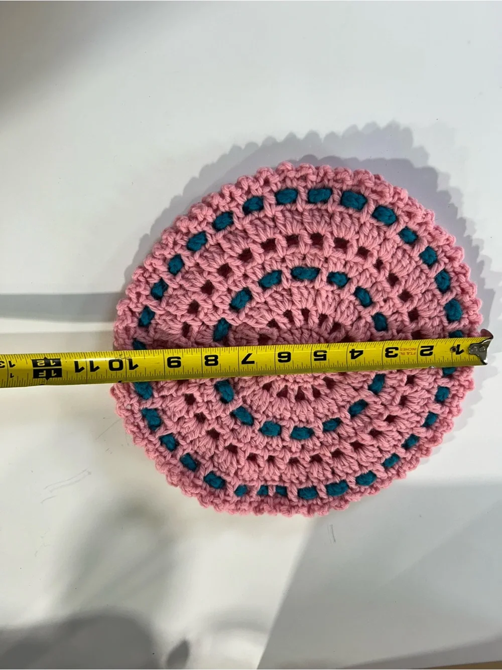 Handmade Pink Crochet Hotpad with Teal Accents